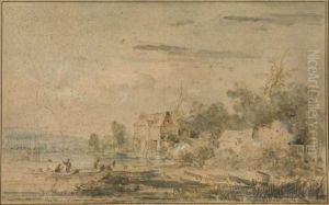 Pecheurs Pres D'une Riviere by Louis Gabriel Moreau