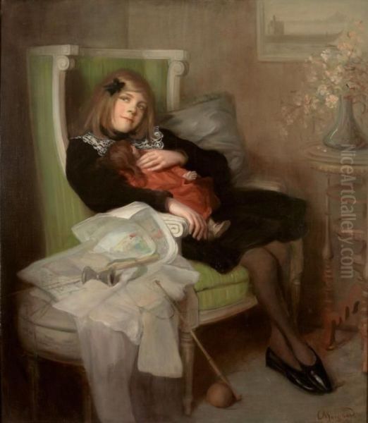 Portrait Eines Reizenden Madchens Mit Puppe Im Armlehnstuhl In Einem Salon - view 1