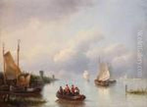 Hollands Rivierlandschap Met Figuren In Sloep En Zeilboten by Johann Hendrik Morrien