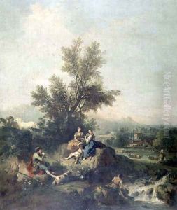 Italianate wooded landscape with a shepherd boy piping to peasant women by Francesco Zuccarelli