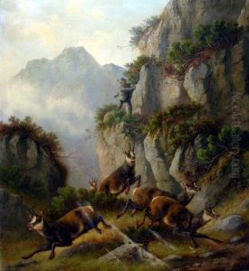 Gemsen Auf Steiler Hoh' Mit Jager Im Felsen by Moritz Kindermuller Muller