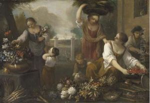 Women And Children Arranging Flowers In The Grounds Of A Building