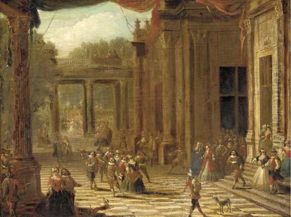 A Capriccio Of A Classical Palace Exterior With Elegant Company At A Masked Ball - view 1