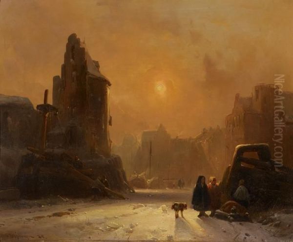 An Icy Winter Day On A Frozen Canal In A Dutch City - view 1