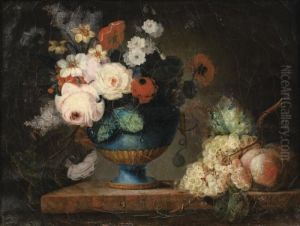 Nature Morte Au Vase De Fleurs, Raisins, Peches Sur Un Entablement De Marbre by Philippe Parpette