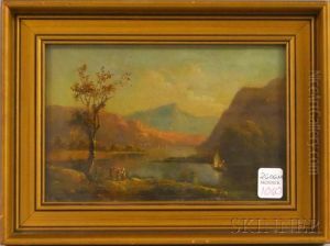 Mountain Lake Landscape With Figures On The Shore.