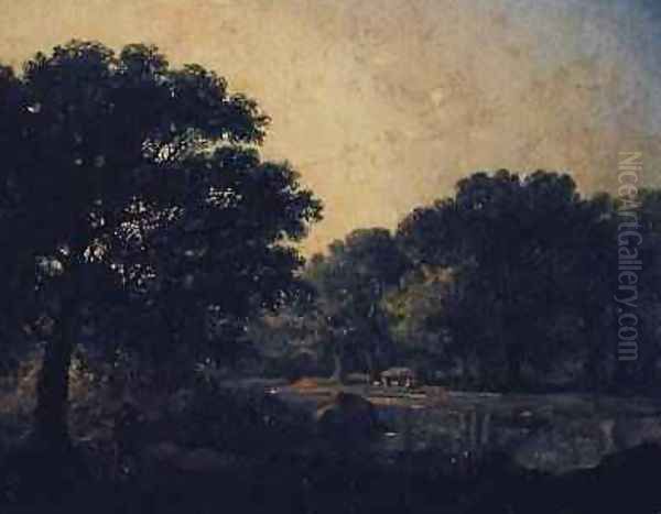 Wooded river landscape with a figure in a boat by James Arthur O'Connor