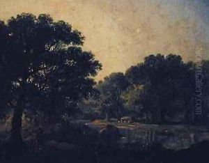 Wooded river landscape with a figure in a boat by James Arthur O'Connor