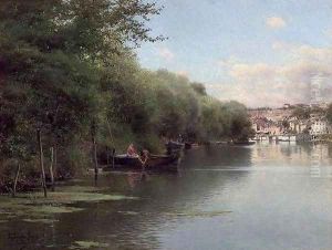 Fishing on the Bank of the Oise Pontoise by Emilio Sanchez-Perrier