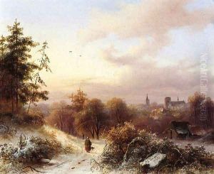 Winter: A Peasant on a Path in a Wooded Landscape, a Town in the Background by Alexander Joseph Daiwaille