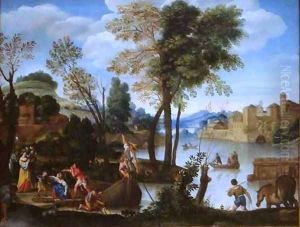 An Italianate River Landscape with Poling Boatman and a Woman with a Basket of Crabs by Domenico Zampieri (Domenichino)