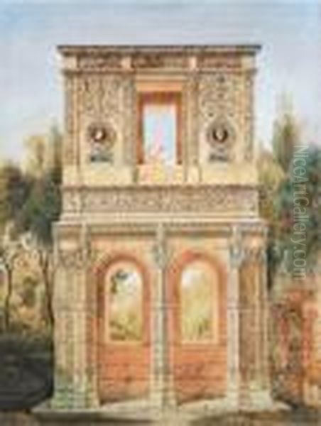 Projet D'architecture En Deux 
Parties Sur Fond De Paysage, Neogothique Dans La Partie Inferieure Et 
Antiquisant Dans La Partie Superieure, Avec Frise Et Portraits En 
Medaillon. - view 1