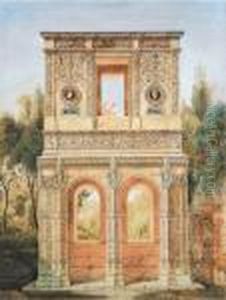 Projet D'architecture En Deux 
Parties Sur Fond De Paysage, Neogothique Dans La Partie Inferieure Et 
Antiquisant Dans La Partie Superieure, Avec Frise Et Portraits En 
Medaillon.