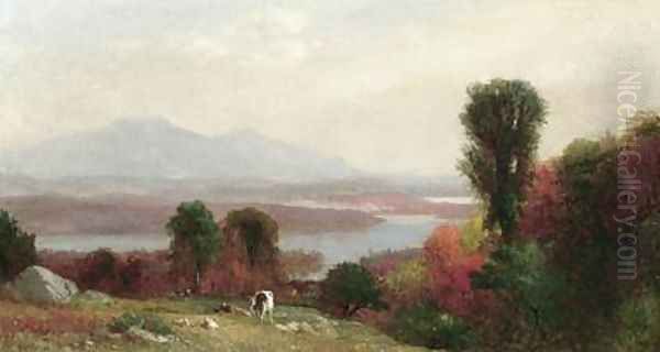 Cows and Sheep Grazing in an Autumn River - view 1