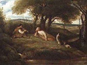 Young Man Playing Music to a Shepherd and his Dogs by John Linnell
