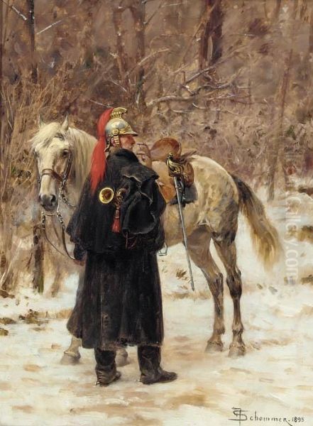 A French Trumpeter Standing By His Mount In A Winter Landscape - view 1