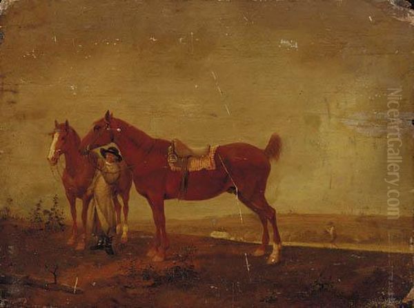 A Groom With Two Saddled Chestnut Hunters - view 1