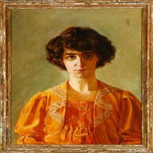 A Portrait Of A Woman With Dark Hair And An Orange Dress