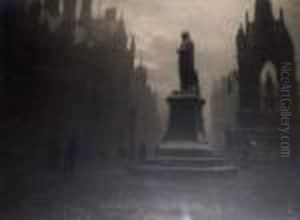 European Town Scene With Figures By A Monument by James Shaw