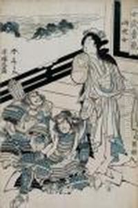 Dame Mit Zwei Samurais Auf Balkon Am Meer