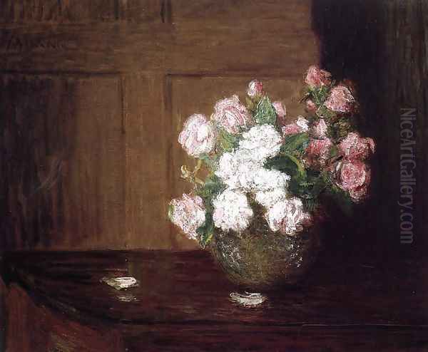 Roses In A Silver Bowl On A Mahogany Table - view 1