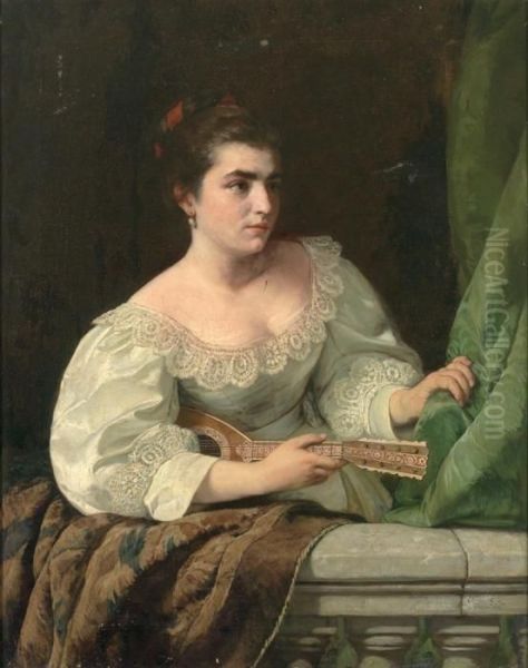 Halbfigurliches Portrait Einer Jungen Frau Mit Laute An Steinerner Balustrade - view 1