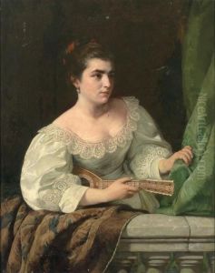 Halbfigurliches Portrait Einer Jungen Frau Mit Laute An Steinerner Balustrade