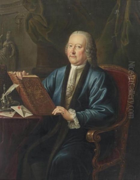 Portrait Of Johan Anthonie Van 
Kinschot (1708-1766), Alderman Of The City Of Delft, 
Three-quarter-length, In A Blue Robe And A White Chemise, Seated At A 
Desk With Writing Materials, Holding A Book Embossed With His Coat Of 
Arms - view 1