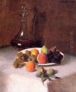 A Carafe of Wine and Plate of Fruit on a White Tablecloth by Ignace Henri Jean Fantin-Latour