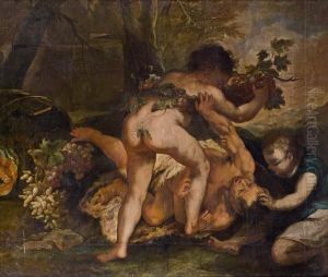 Zwei Putten Kampfen Mit Satyr by Peter Strudel