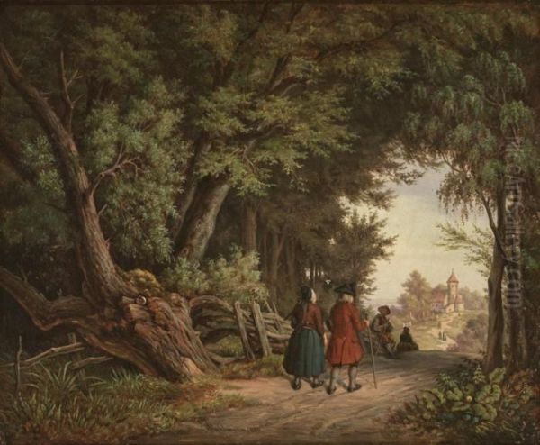 Romantischer Waldweg Mit Figurenstaffage Und Durchblick Auf Kirchlein - view 1