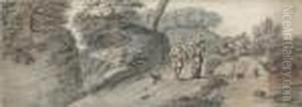 Figures On A Wooded Country Road - view 1