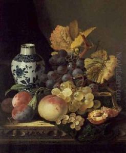 Grapes Peaches Plums and Currants with a Blue and White Vase