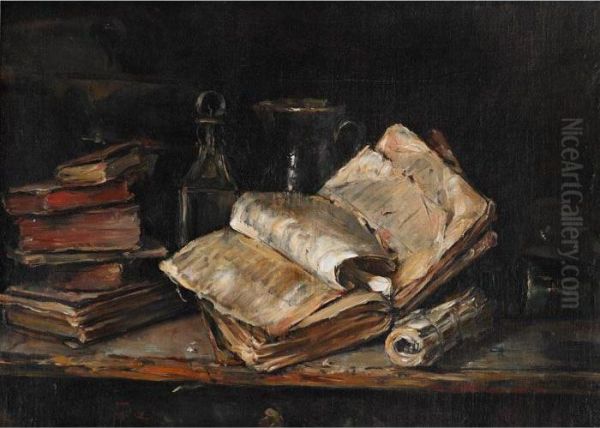 Still Life Of Antiquarian Books And Vessels On A Ledge - view 1