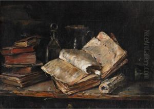 Still Life Of Antiquarian Books And Vessels On A Ledge by Henk Jan Ten Cate