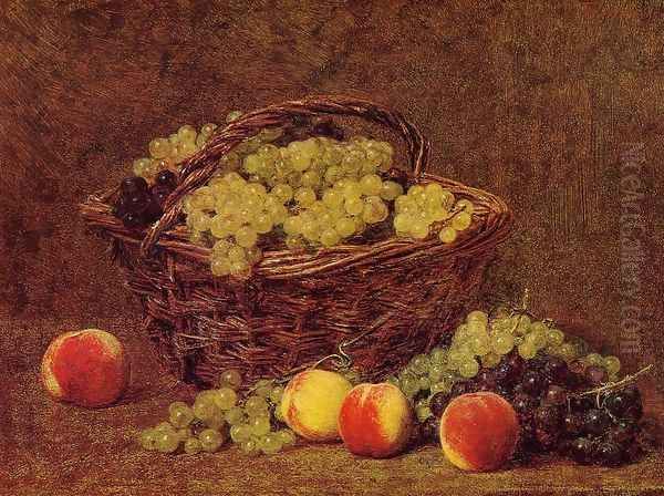 Basket of White Grapes and Peaches - view 1