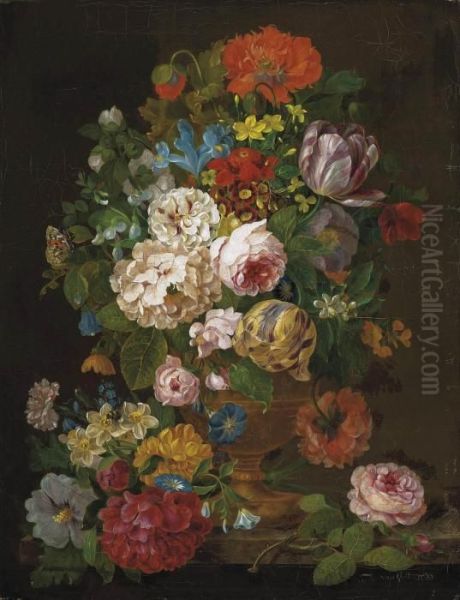 Roses, Tulips, Narcissae, 
Chrysanthemums And Other Summer Blooms In A Ewer On A Ledge With A 
Beetle, Butterfly And Bee - view 1
