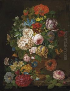 Roses, Tulips, Narcissae, 
Chrysanthemums And Other Summer Blooms In A Ewer On A Ledge With A 
Beetle, Butterfly And Bee