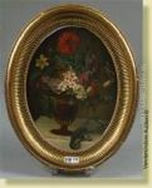 Huilesur Panneau Ovale "vase De
Fleurs Et Oiseau Sur Un Entablement".signe En Bas A Gauche F. Van Geit.
Ecole Belge. Xixeme. Dim.:22,5x17 Cm - view 1