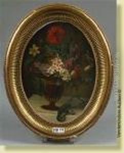 Huilesur Panneau Ovale "vase De 
Fleurs Et Oiseau Sur Un Entablement".signe En Bas A Gauche F. Van Geit. 
Ecole Belge. Xixeme. Dim.:22,5x17 Cm