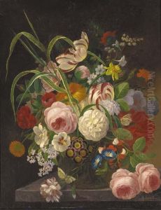 Peonies, Tulips And Other Summer Flowers In A Glass Vase On A Stone Ledge by F. van Geit
