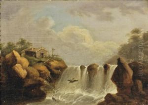 A Waterfall With A Heron