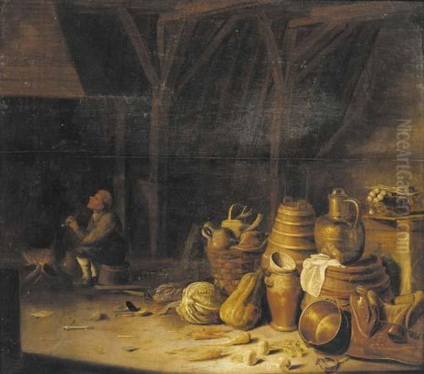 The Interior Of A Barn With A Peasant Smoking A Pipe By A Fireside - view 1