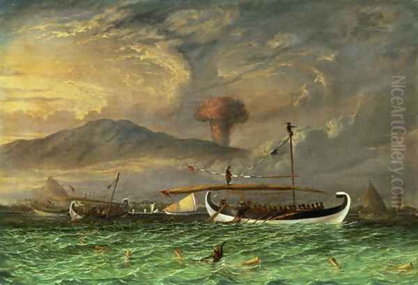 Volcano and fishing proas near Passoeroean, on the Java coast, Indonesia - view 1