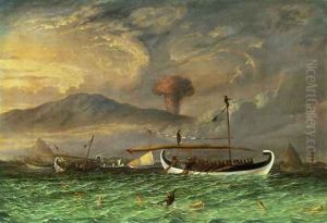Volcano and fishing proas near Passoeroean, on the Java coast, Indonesia