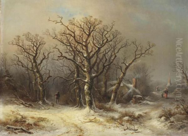A Winter Woodland With A Man And His Dog And A Woman Gathering Wood - view 1