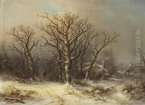 A Winter Woodland With A Man And His Dog And A Woman Gathering Wood by Theobald Reinhold von Oer