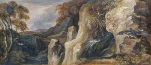 Idealisierte Landschaft Mit Felsmassiv Und Wasserfall by George Augustus Wallis