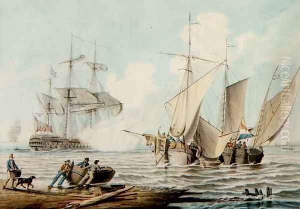 Dutch Pinks and a British Man-o-War off a Coastline - view 1