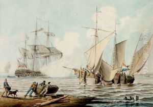 Dutch Pinks and a British Man-o-War off a Coastline by George Webster